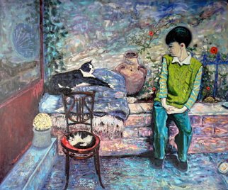 Alaattin Bender; Boy Next To A Cat, 2012, Original Painting Oil, 120 x 100 cm. 