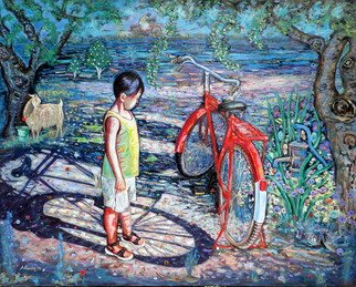 Alaattin Bender; Boy With E Red Bicycle, 2014, Original Painting Oil, 150 x 120 cm. 