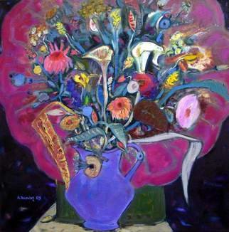 Alaattin Bender; Flowers With A Gramophone, 2006, Original Painting Oil, 60 x 60 cm. 