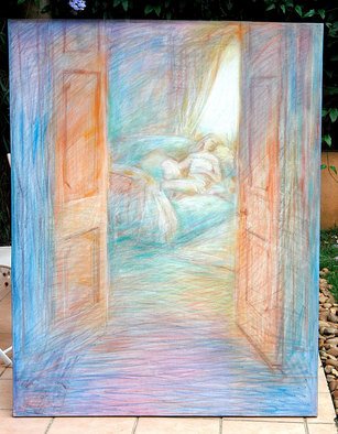 Angelo Bonito; Rest, 2005, Original Pastel Oil, 114 x 146 cm. Artwork description: 241  Girl resting trough a door ...