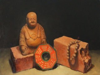 Angel Cruz; SL W Wooden Buddha N Pray..., 2015, Original Painting Oil, 20 x 14 inches. Artwork description: 241 Wooden Buddha statuette, Buddhist prayer beads and Taoist Pa Kua Octagon.  Oil painting on wood panel Unframed ...