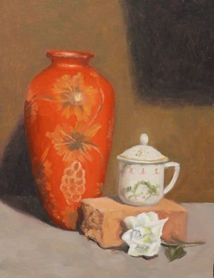Angel Cruz; Still Life W Red Vase, 2017, Original Painting Oil, 12 x 16 inches. Artwork description: 241 The vase and the tea cup both have an Asian design.  Oil painting on wood panel. ...