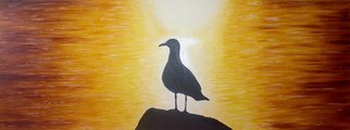 Aubin De Jongh; Seagull, 2012, Original Painting Oil, 122 x 45.5 cm. Artwork description: 241  Seagull on a rock in front of a ocean sunset ...