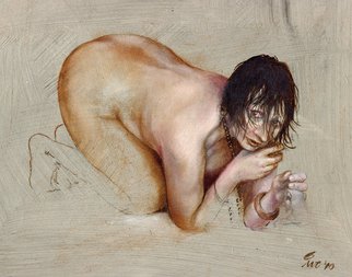 Ivo Winnubst; Nebalia SEnsu Stricta 2, 2010, Original Painting Oil, 25 x 20 cm. Artwork description: 241  Nebalia, sensu, stricta, portrait, realistic, human, oil, panel, new, woman, nude, sea, waddensea     ...