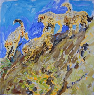 Agnieszka Praxmayer; 4 Little Cheetahs, 2006, Original Painting Oil, 50 x 50 cm. Artwork description: 241  4 little cheetah running on a rock . . ...