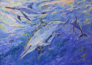 Agnieszka Praxmayer; Dolphins, 2006, Original Painting Oil, 100 x 70 cm. Artwork description: 241  Swimming dolphins in blue water / Sea life...