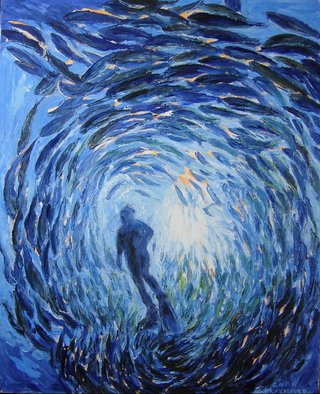Agnieszka Praxmayer; Plongeur Dans Un Banc De ..., 2006, Original Painting Oil, 81 x 100 cm. Artwork description: 241    coral reef / diver /    ...