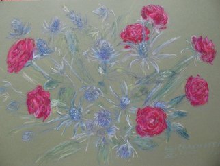 Agnieszka Praxmayer; Pastel Bluets Et Roses, 2008, Original Pastel Oil, 45 x 32.5 cm. Artwork description: 241    blue and red flowers / roses/ work on paper         ...