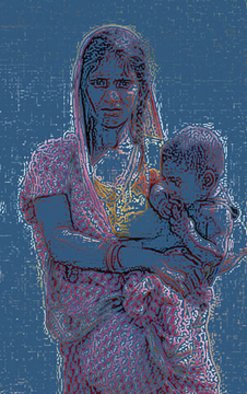 Ajeet Kumar Shaah; Mother  And  Child, 2010, Original Digital Art, 20 x 30 inches. Artwork description: 241 This work is available as digital file of 300 dpi 6000 pixel at longest side, jpg or tif, as single owner speciality collection with total rights. art, blue, child, digital, indian art, lady, north india, people, pink, two, virtical, yellow  ...