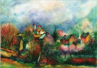 Ivan Serbezov; Dauphine Landscape, 2006, Original Watercolor, 42 x 30 cm. Artwork description: 241 watercolr on paperIt represents a village in the Balkans. ...