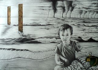 Alejandro Del Valle; Again And Again, 2015, Original Drawing Pencil, 70 x 50 cm. Artwork description: 241   surrealism, boy, child, ocean, sea, waves, water, smoke, clouds, sunlight, beach, shore         ...