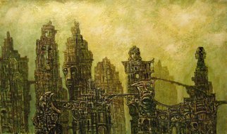 Alexandr Ivanov; Magic City, 2015, Original Painting Oil, 70 x 43 cm. Artwork description: 241       fantastic landscapeNZ materialized magical powers were transformed into complex architectural structures         ...