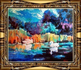Alexander Ottmar; Swans Lake, 2018, Original Painting Oil, 50 x 62 cm. Artwork description: 241  Nice paint for all rooms, land scene with birds and water.  Give a gift or recommend it to art collectors, impressionist vision ...