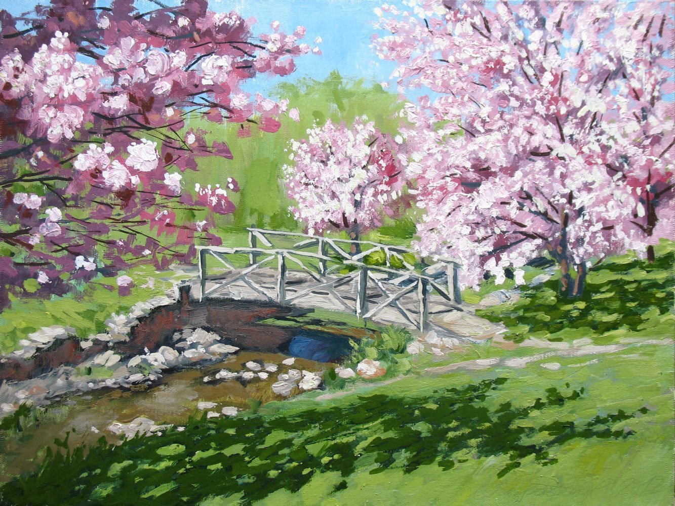 Alexander Bezrodnykh; Bridge Apple Trees, 2017, Original Painting Oil, 40 x 30 cm. Artwork description: 241 Bridge, Apple Trees, Spring...