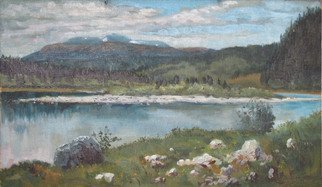 Alexander Bezrodnykh; Cloudy 44x77cm, 2005, Original Painting Oil, 77 x 44 cm. Artwork description: 241 cloudy, lake, island, ...