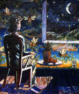Tyler Alpern; Barbarini Pineapple, 2008, Original Painting Oil, 48 x 58 inches. Artwork description: 241  Woman gazing at the moonlight thru a window on a wall covered with fantastic tromp l'oeil wallpaper. ...