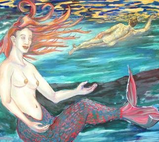 Tyler Alpern; Mermaid, 2004, Original Painting Oil, 48 x 42 inches. Artwork description: 241 Mermaid and nude swimmer in an exotic lake.  Light filters down from above...