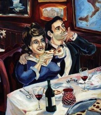 Tyler Alpern; They Call It Bella Notte, 2004, Original Painting Oil, 42 x 48 inches. Artwork description: 241 I think that this painting is about sex without being graphic,  the evening is not yet over.  Couple eating in an Italian restaurant.   There are wine, pizza, candles.  She is large and enjoying her meal, he is finished and smoking.  You can see the waiter in the ...