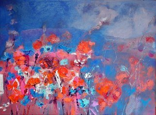 Anna Zygmunt ; Evening Meadow, June 2013..., 2013, Original Painting Oil, 40 x 30 cm. Artwork description: 241     A glimpse of nature with meadow flowers depicted in a landscape that is dominated by a background light- blue blue with, depicted in the left half, multicolored flowers by various shades of red, rose, light blue, and white. Freshness of inspiration and feeling characterize this magnificent work.  ...