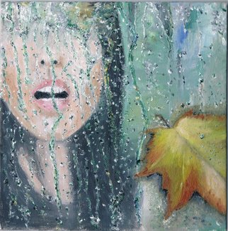 Marina Kalabukhov;  Face Of The Girl Behind ..., 2015, Original Painting Oil, 20 x 20 cm. Artwork description: 241     Oil paintings: raindrops on glass, single yellow leaf stuck to the window, the girl's face behind the window  ...