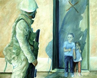 Anna Maria Grill-R.; Childhood, 2005, Original Painting Oil, 100 x 80 cm. Artwork description: 241    war, soldier, green, yellow,Irak, politics, child, childhood   ...