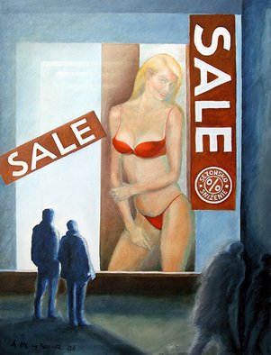 Anna Maria Grill-R.; SALE, 2006, Original Painting Oil, 120 x 160 cm. Artwork description: 241  nude, people, night, business, shop, shop window, light, town ...