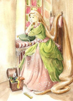 Joanna Pasek; Rapunzel, 2013, Original Watercolor, 17 x 23 cm. Artwork description: 241  Illustration to Grimm brothers fairytale. Brunnen watercolor paper 250g. Original artwork. Signed and dated on the back side.  ...