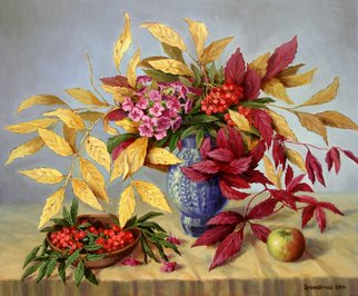 Arkady Zrazhevsky; Autumn Leaves And Branch ..., 2010, Original Painting Oil, 70 x 60 cm. Artwork description: 241  Autumn, leaves, still- life, mountain ash, phloxes, flowers, realism  ...