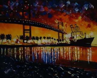 Valerie Curtiss; Night On The Bridge, 2014, Original Painting Oil, 20 x 16 inches. Artwork description: 241  The Vincent Thomas bridge in San Pedro, California at night, with reflections, lights, ships, harbor, water, oil. ...