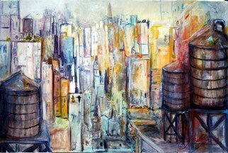 Jack Diamond; TANKS FOR THE MEMORIES, 2010, Original Painting Acrylic, 36 x 24 inches. Artwork description: 241  THE WATER TANKS STAND ABOVE THE NEW YORK SKYLINE LIKE ANCIENT SENTINELS, RUST AND GREY BROWN WOOD AGAINST A BACK DROP OF MANHATTAN ...