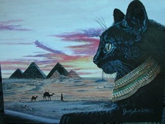 Judith Smith Wilson; Egyptian Memorys, 2008, Original Watercolor,   inches. Artwork description: 241  Miss Kitty remembering her Egyptian ancestory. 11x14 double matted open edition print, $40. 00. Original $l, 245. 00...