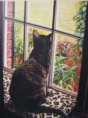 Judith Smith Wilson; Portrait Of Miss Kitty, 2007, Original Watercolor, 8 x 10 inches. Artwork description: 241  My cat Miss Kitty sitting looking out the window at the birds.  Painting done from a photograph by Juith Smith Wilson.  Original Price $750. 00.  Open Edition Prints  $35. 00. ...