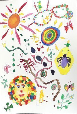 Palle Adamos Finn Jensen; As Sunshine, 2021, Original Watercolor, 30 x 45 cm. Artwork description: 241 A mandala of bobbles colorized with watercolor. Figures from nature, insects, butterflies, flowers  and people...