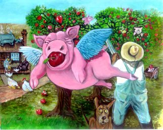 Sue Conditt; Flying Pigs In My Orchard, 2014, Original Painting Acrylic, 15 x 12 inches. Artwork description: 241  fantasy, flying pigs, magical pigs, humorous quirky pigs ...