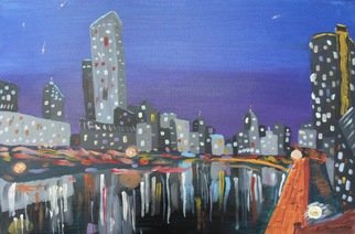 Eliza Donovan; Melbourne Skyline At Night, 2013, Original Painting Acrylic, 60 x 40 cm. Artwork description: 241  A night Melbourne cityscape featuring the Yarra river, Federation tower and Melbourne casino. Melbourne, Australia, Yarra river, cityscape, night, lights, reflection on water, abstract, ultramarine, purple, street ...