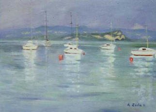 Aurelio Zerla; Boats On Lake Garda, 1991, Original Painting Oil, 24 x 20 inches. Artwork description: 241 White boats gently floating on tranquil Lake Garda, Italy, seen from Bardolinos shoreline. ...
