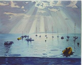Aurelio Zerla; Sun Rays On Lake Garda, 1992, Original Painting Oil, 30 x 26 inches. Artwork description: 241 Magical moment on Lake Garda, as the sun breaks through the clouds, creating reflections and contratsts on the mirror- like lake surface....