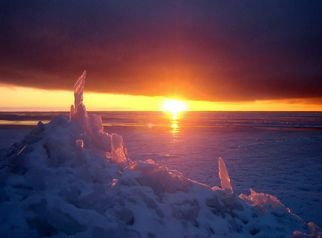 Art Dehls; Sentinels, 2007, Original Photography Color, 17 x 11 inches. Artwork description: 241  Ice blocks and sunset on Lake Manitoba. ...