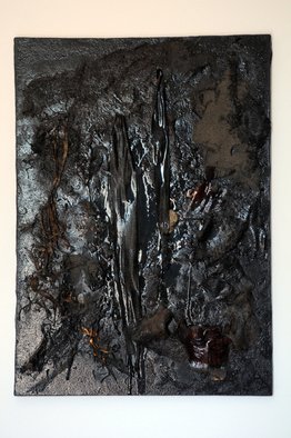 Alessandro Zanazzo; ECLIPSE OF SUN LIQUID BLA..., 2015, Original Mixed Media, 50 x 70 cm. Artwork description: 241  Natural elementswood, barks, sand, mineral, etc. Painted in glossy black , the colour of Oil spin and environments destruction, on canvas . This painting is part of a series which sizes are different, up to 1 meter x 70 cm. ...