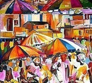 Ben Adedipe; Business As Usual, 2013, Original Painting Acrylic, 48 x 48 inches. Artwork description: 241    African people, people, rain, umbrella rejoice, joy          ...