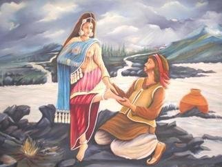 Samer- Bani; Sohnimahiwal, 1999, Original Painting Oil, 86 x 61 cm. Artwork description: 241  Potraying: -    A sequence of a love story of northen India.Title: -        SOHNI- MAHHWAL ( the love birds) .Based on: - A true love story of northen india ( as Remeo & Juliet are remembered in the western countries) in northen india the tale of this loving pair is rememberd and heard ...