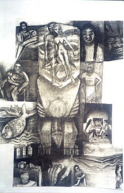 Susan Baquie; Polytext, 2004, Original Drawing Charcoal, 20 x 30 inches. Artwork description: 241  This is a collage of the pages of a novel with drawings of the people, places and things within the pages. ...