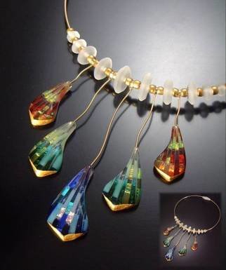 Dolores Barrett; Diapason , 2006, Original Glass Fused, 7 x 11 inches. Artwork description: 241  Slices of colorful fused glass with 24k gold leaf accents.  14/ 20K gold wire and hand- carved Pyrex spacer beads.   ...