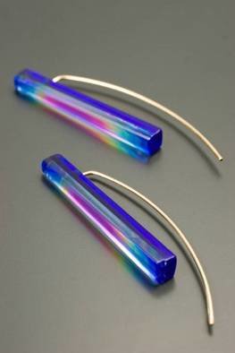 Dolores Barrett; Dichroic Slice Earrings, 2006, Original Glass, 1 x 2 inches. Artwork description: 241  Layers of laminated dichroic and cobalt blue glass.  counter- balancing 14/ 20K gold earwires ( sterling silver by request) .  Also available in red, purple, teal, or clear glass backings.  1 1/ 2