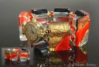 Dolores Barrett; Red Corvette Watch, 2006, Original Glass Fused, 7 x 1 inches. Artwork description: 241  Vivid red and gold lusters accent this bold fashion accessory.  Gold tone watch face with rhinestone accents. ...