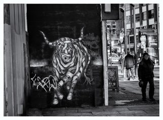 Barry Hurley; Raging Bull, 2018, Original Photography Black and White, 24 x 16 inches. Artwork description: 241 London s east end has become a cultural hot bed for street urban art. This seems to have been unnoticed by the passerby. ...