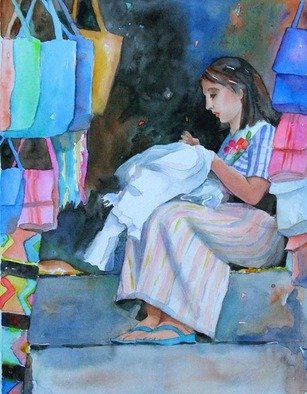 Lesta Frank; Seamstress, 2008, Original Watercolor, 14 x 9 inches. Artwork description: 241  Seamstress is a young woman from Guatemala sewing in her handbag shop. It displays the bright colors and happy mood seen in her countrys' markets. ...