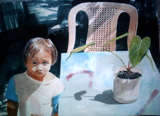 Jonathan Benitez; Sunday Morning, 2001, Original Watercolor, 56 x 76 cm. Artwork description: 241  a portrait of a boy with a plant. the boy is my nephew when he is about 6 years old. i painted him at the time when he is the only boy in the family. I compared him to a struggling plant anthurium whose roots dug deep ...