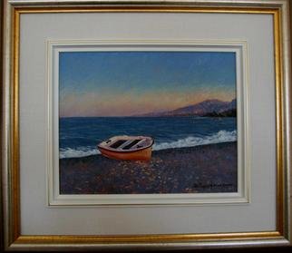 Bessie Papazafiriou, 'A Boat Named Sophia', 2000, original Painting Oil, 16 x 14  x 2 inches. Artwork description: 1911      I found this boat during an early evening stroll along a beach in Nikolaika, Greece.  The name Sophia is written in Greek on its side.Comments:  Framed...