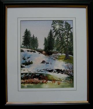 Bessie Papazafiriou, 'First Snow', 1999, original Watercolor, 17 x 20  x 1 inches. Artwork description: 1911  First Snow depicts a landscape located in the mounains near Pertouli, Greece.  The backlighting adds sparkle to the scenery and I love the way the vegetation adds contrast.  These elements combine to give this painting its fresh and luminous quality.CommentsFramed...